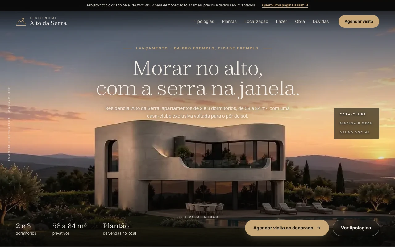 Primeira dobra da página-exemplo fictícia Residencial Alto da Serra, lançamento de apartamentos de 2 e 3 dormitórios