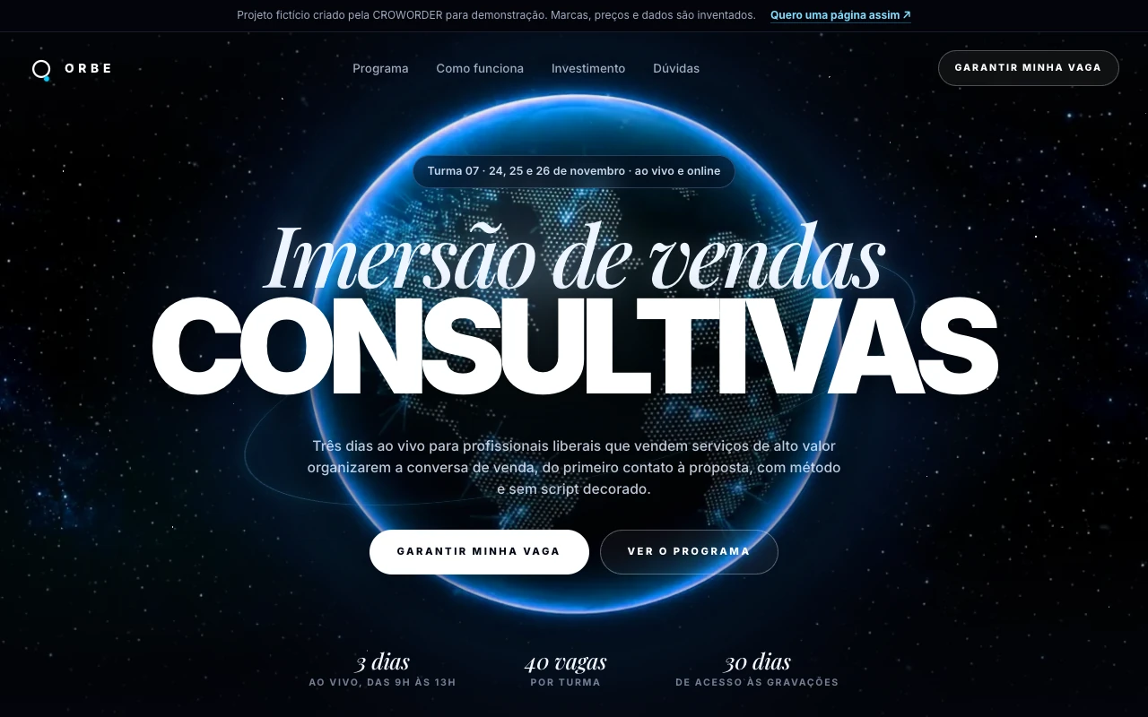 Primeira dobra da página-exemplo fictícia ORBE, imersão online de vendas consultivas