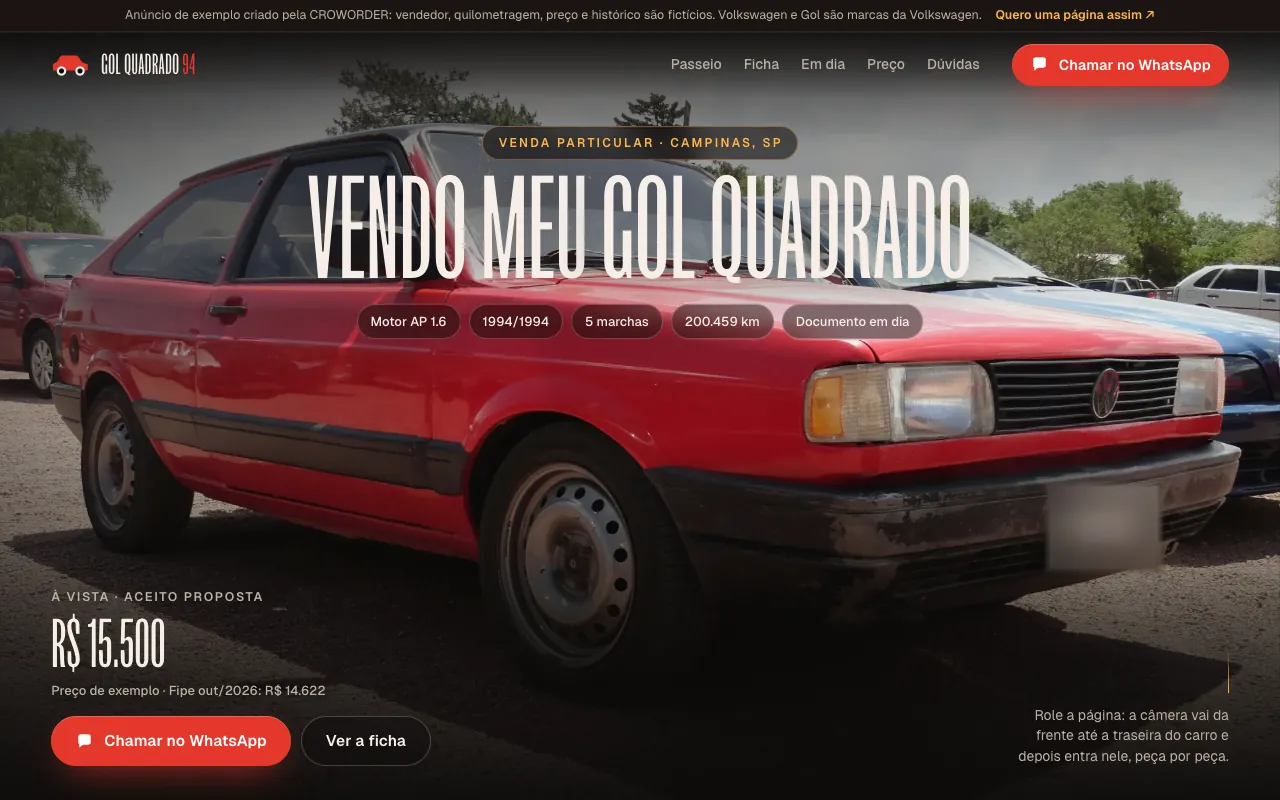 Primeira dobra da página-exemplo fictícia de venda particular de um carro vermelho de 1994, com fotos reais do modelo e passeio que acompanha a rolagem